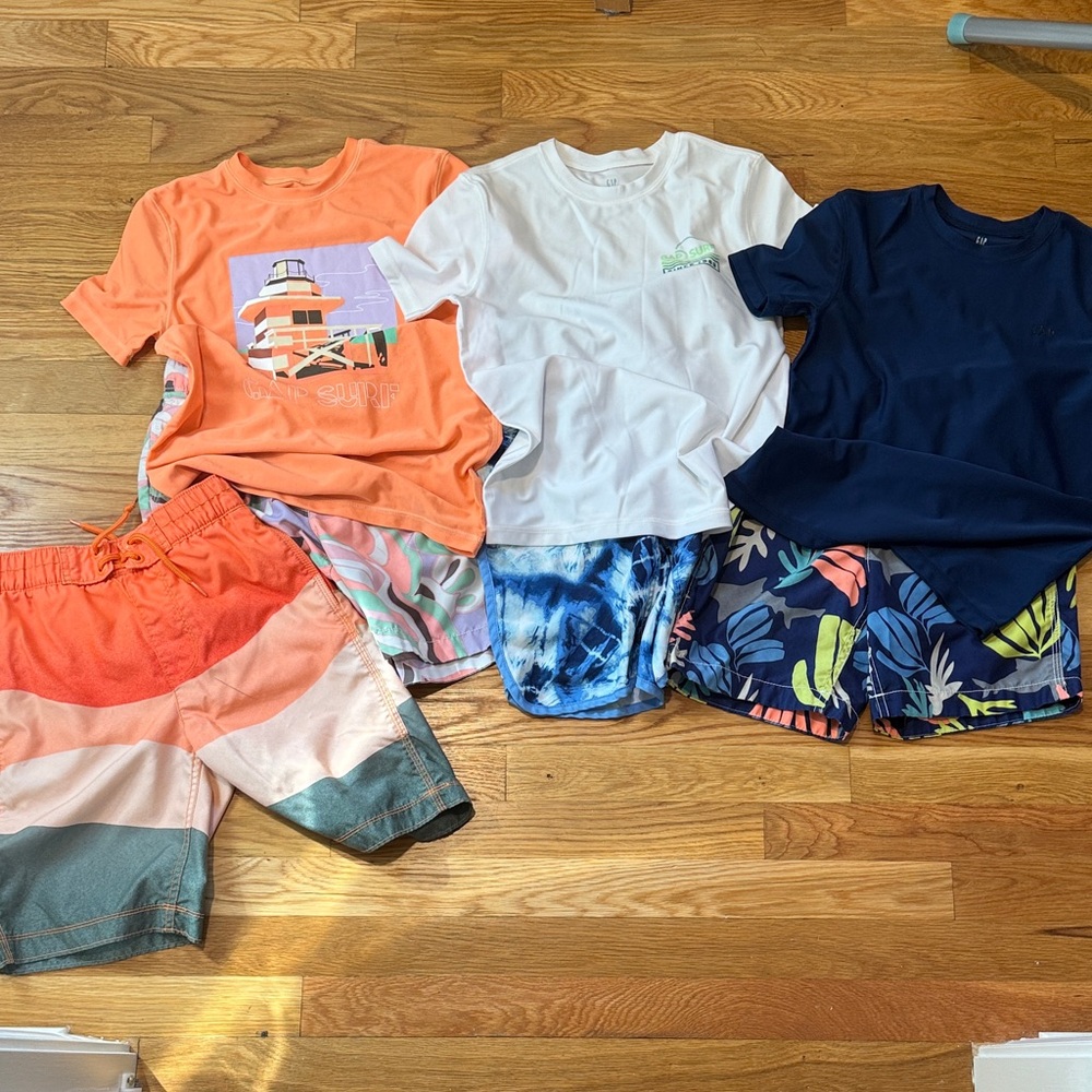 Boys' M / 8 Sun Tees & Swim Trunks - Orange, White, Navy